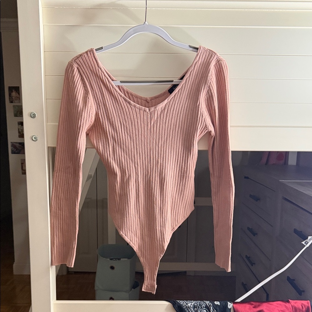 Love Tree Ribbed V-Neck Long Sleeve Bodysuit - Dusty Rose